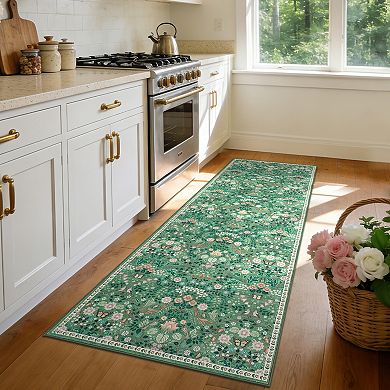 Machine Washable Boho Area Rug - Vintage Floral Non-Slip, mark Resistant, Low Pile Carpet