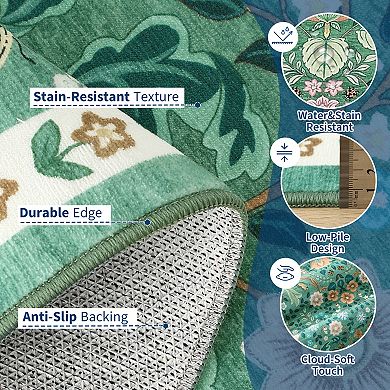 Machine Washable Boho Area Rug - Vintage Floral Non-Slip, mark Resistant, Low Pile Carpet