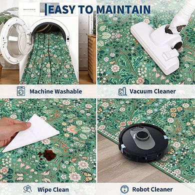 Machine Washable Boho Area Rug - Vintage Floral Non-Slip, mark Resistant, Low Pile Carpet