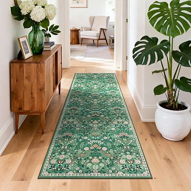 Machine Washable Boho Area Rug - Vintage Floral Non-Slip, mark Resistant, Low Pile Carpet