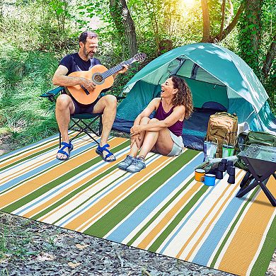 Waterproof Horizontal Striped Pattern Outdoor Rug Tear Resistant UV Stabilized Reversible Carpet