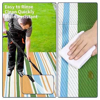 Waterproof Horizontal Striped Pattern Outdoor Rug Tear Resistant UV Stabilized Reversible Carpet