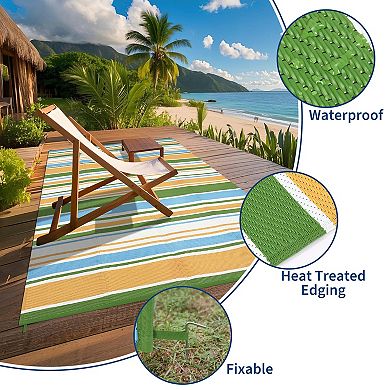 Waterproof Horizontal Striped Pattern Outdoor Rug Tear Resistant UV Stabilized Reversible Carpet
