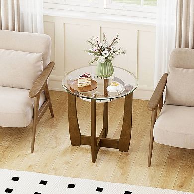 Costway 24" Round Side Table Glass End Table with Tempered Glass Top Cross