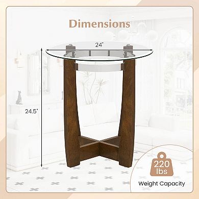 Costway 24" Round Side Table Glass End Table with Tempered Glass Top Cross