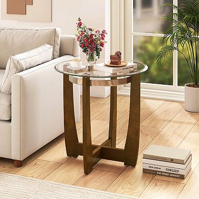Costway 24" Round Side Table Glass End Table with Tempered Glass Top Cross