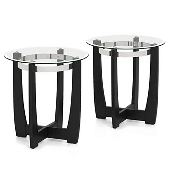 Costway 24" Round Side Table Glass End Table with Tempered Glass Top Cross