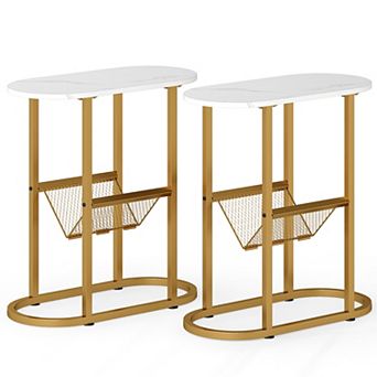 Costway 2 pc End Table with Faux Marble Tabletop & Magazine Holder Heavy-duty Metal Frame