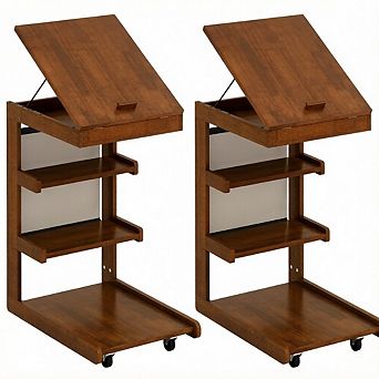 Costway C-shaped End Table with Wheels, Adjustable Desktop, Edge Stopper, Storage Pocket