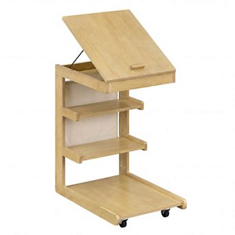 Costway C-shaped End Table with Wheels, Adjustable Desktop, Edge Stopper, Storage Pocket