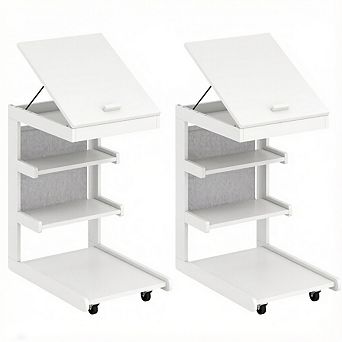 Costway C-shaped End Table with Wheels, Adjustable Desktop, Edge Stopper, Storage Pocket