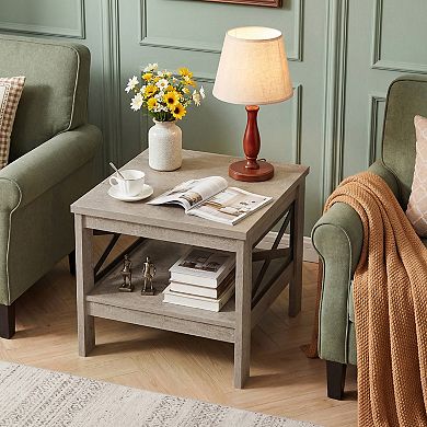 Costway 2-Tier End Table with Storage Shelf & X-Frame, 24” Farmhouse Nightstand for Bedroom