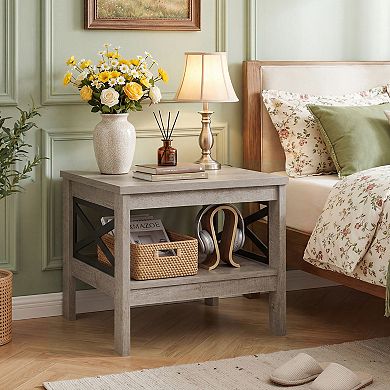 Costway 2-Tier End Table with Storage Shelf & X-Frame, 24” Farmhouse Nightstand for Bedroom