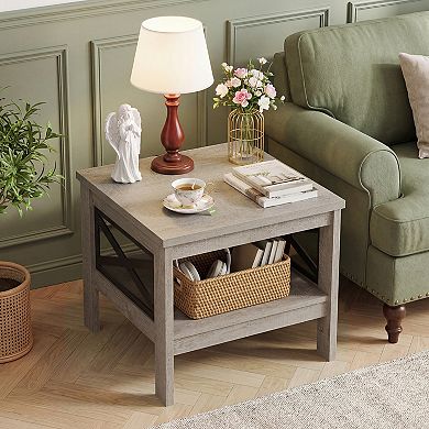 Costway 2-Tier End Table with Storage Shelf & X-Frame, 24” Farmhouse Nightstand for Bedroom