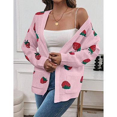 Women's Strawberry Sweater Knit Long Sleeve Cardigan