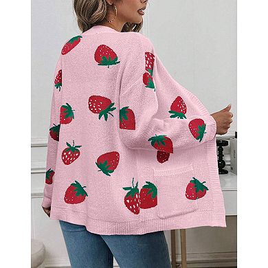 Women's Strawberry Sweater Knit Long Sleeve Cardigan