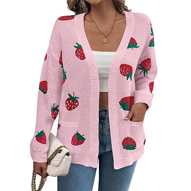 Women's Strawberry Sweater Knit Long Sleeve Cardigan