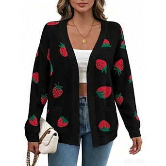 Women's Strawberry Sweater Knit Long Sleeve Cardigan