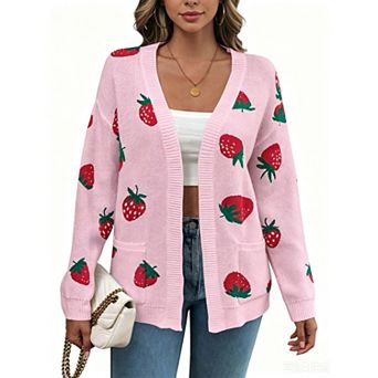 Women's Strawberry Sweater Knit Long Sleeve Cardigan