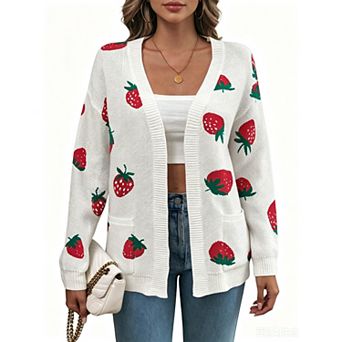 Women's Strawberry Sweater Knit Long Sleeve Cardigan