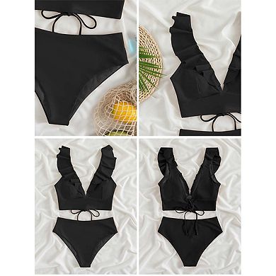 Ruffle 2-Piece Swimsuit for Women,High Waisted Tummy Control Bathing Suit, Push-Up Support Swim Set