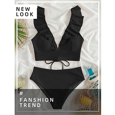 Ruffle 2-Piece Swimsuit for Women,High Waisted Tummy Control Bathing Suit, Push-Up Support Swim Set