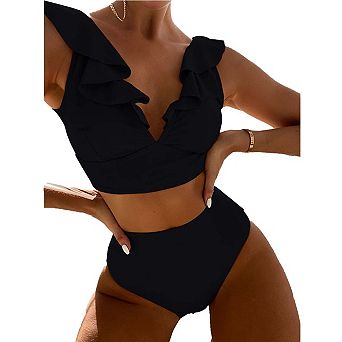 Ruffle 2 pc Swimsuit for Women,High Waisted Tummy Control Bathing Suit, Push-Up Support Swim Set