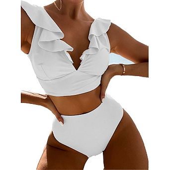 Ruffle 2 pc Swimsuit for Women,High Waisted Tummy Control Bathing Suit, Push-Up Support Swim Set