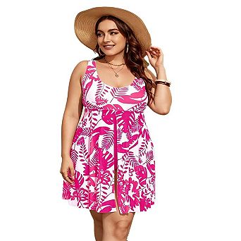 Plus Size Women Printed U-Neck Tummy Control Side Slit One-Piece Tank Swimsuit,Open Back Swimwear