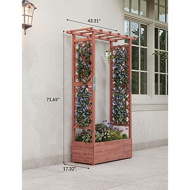 43x17x72 Inch Wooden Planter Box with Trellis and Hanging Roof
