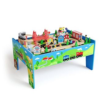 80 pc 4 in 1 Natural Wood Kids Train Table with Reversible Top Storage