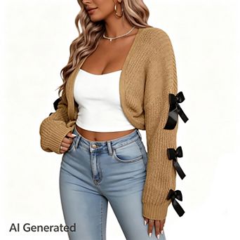 Women's Cropped Bow Open Front Shrug Crew Neck Cutout Sleeves Casual Knit Sweater