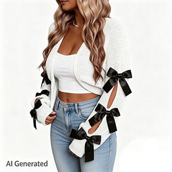 Women's Cropped Bow Open Front Shrug Crew Neck Cutout Sleeves Casual Knit Sweater