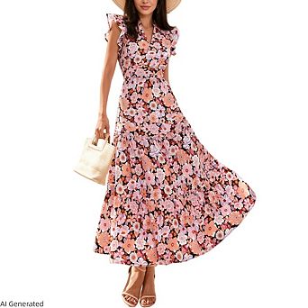 Women's Floral Cap Sleeve V Neck Ruffle Long Flowy Boho Casual Vacation Maxi Dress