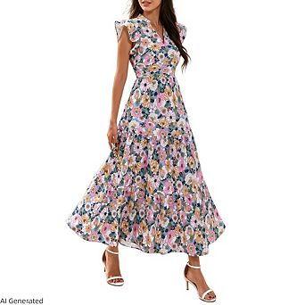 Women's Floral Cap Sleeve V Neck Ruffle Long Flowy Boho Casual Vacation Maxi Dress