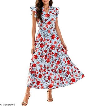 Women's Floral Cap Sleeve V Neck Ruffle Long Flowy Boho Casual Vacation Maxi Dress