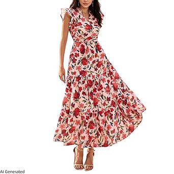 Women's Floral Cap Sleeve V Neck Ruffle Long Flowy Boho Casual Vacation Maxi Dress