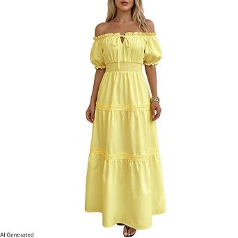 Women's Off Shoulder Tiered Puff Sleeve Smocked Waist Casual Vacation Beach Maxi Dress