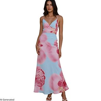 Women Floral Slip Flower Print Spaghetti Strap Bodycon Sleeveless Stretchy Maxi Cami Dress