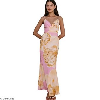 Women Floral Slip Flower Print Spaghetti Strap Bodycon Sleeveless Stretchy Maxi Cami Dress