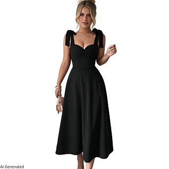 Women's Elegant Wedding Guest Bow Flare Ruffle Cocktail Party Midi Dress
