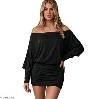 Womens Shoulder Long Sleeve Bodycon Ruched Waist Casual Elegant Mini Dress