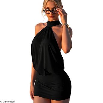 Women Backless Bodycon Halter Bandage Off Shoulder Drop Waist Smocked Mini Dress