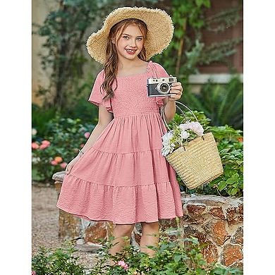 Arshiner Tween Girl Easter Summer Dresses Beach Casual Smocked Ruffle Midi Dress