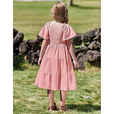 Arshiner Tween Girl Easter Summer Dresses Beach Casual Smocked Ruffle Midi Dress