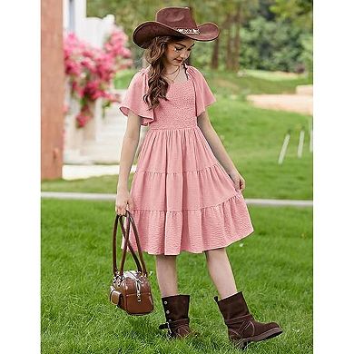 Arshiner Tween Girl Easter Summer Dresses Beach Casual Smocked Ruffle Midi Dress