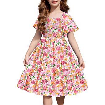 Arshiner Tween Girl Easter Summer Dresses Beach Casual Smocked Ruffle Midi Dress