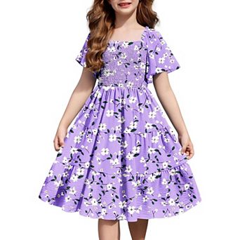 Arshiner Tween Girl Easter Summer Dresses Beach Casual Smocked Ruffle Midi Dress