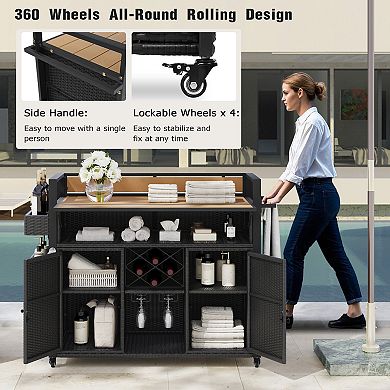 Merax Wicker Outdoor Grill Cart with Extended Plastic Wood Table Top