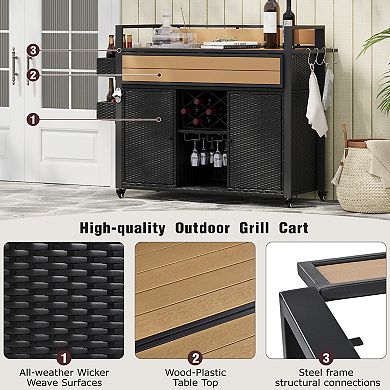 Merax Wicker Outdoor Grill Cart with Extended Plastic Wood Table Top
